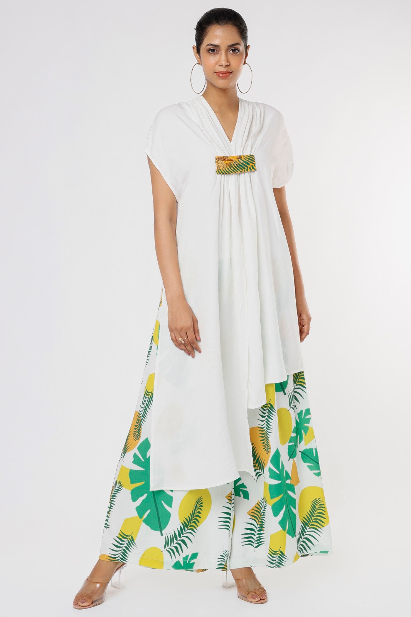 Laila Co-ord Set – Yellow Green Printed Jacket Style Top with Solid Pants (2-Piece Set) main image 0