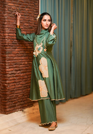 Sage green and beige kurta set with scarf