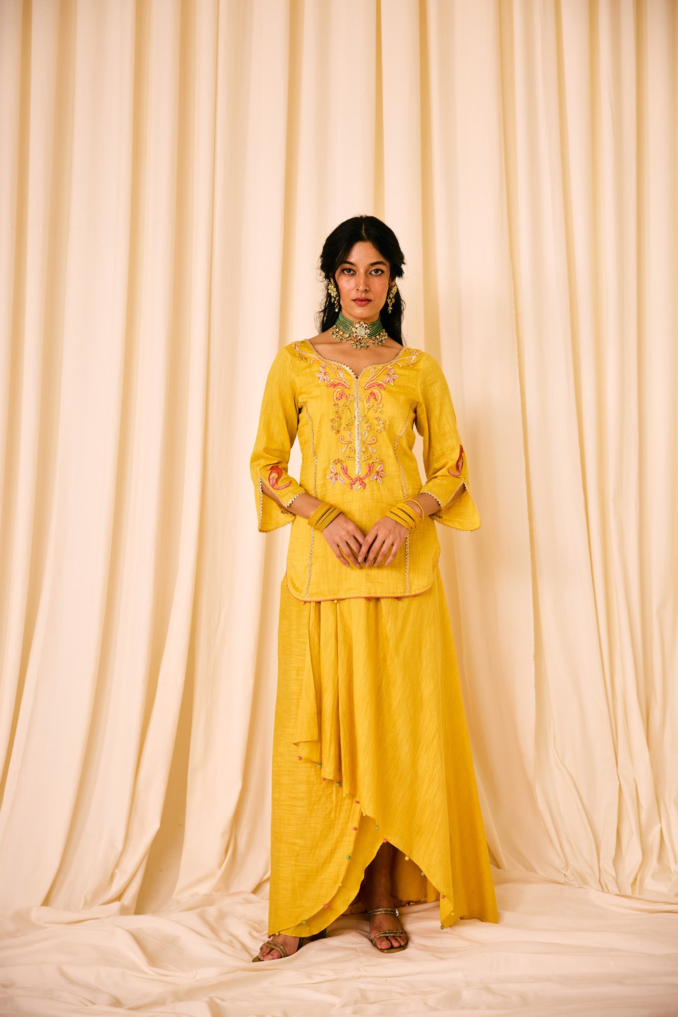 Yellow & Beige Paisley Printed A-line Kurta