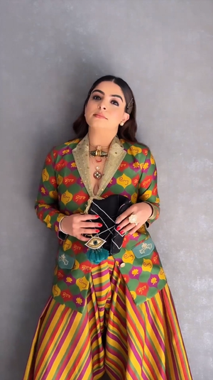 Green Printed Blazer and Stripes pants set